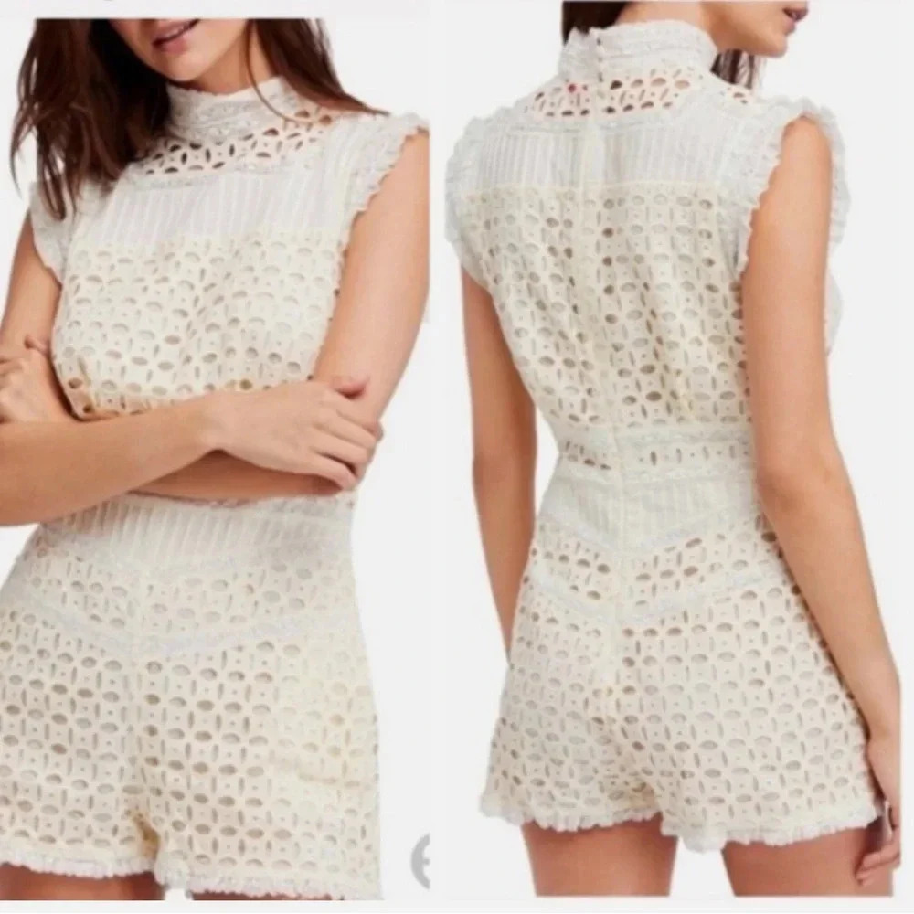 Free People Womens Victoria Sleeveless Lace-Trim Romper